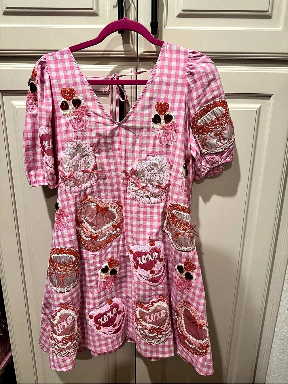 Queen of Sparkles Pink & White Gingham Sequin Mini Dress Size Large NWT